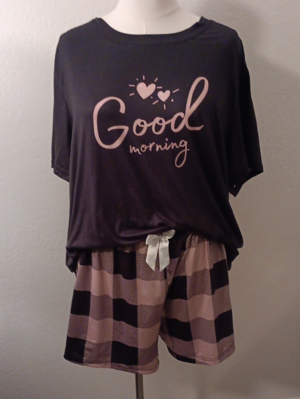 SHEIN Black Top and Beige Plaid Short Pajama Set